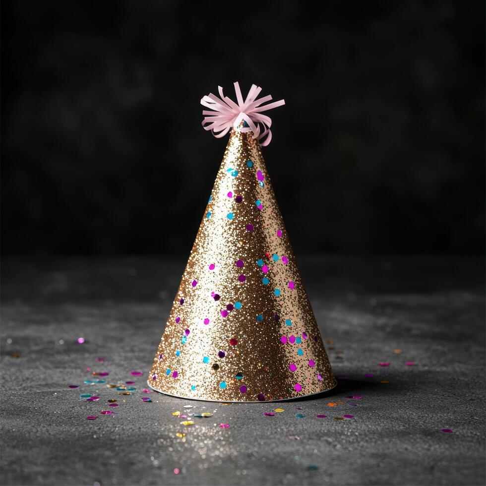 Glittering gold party hat with pink bow photo