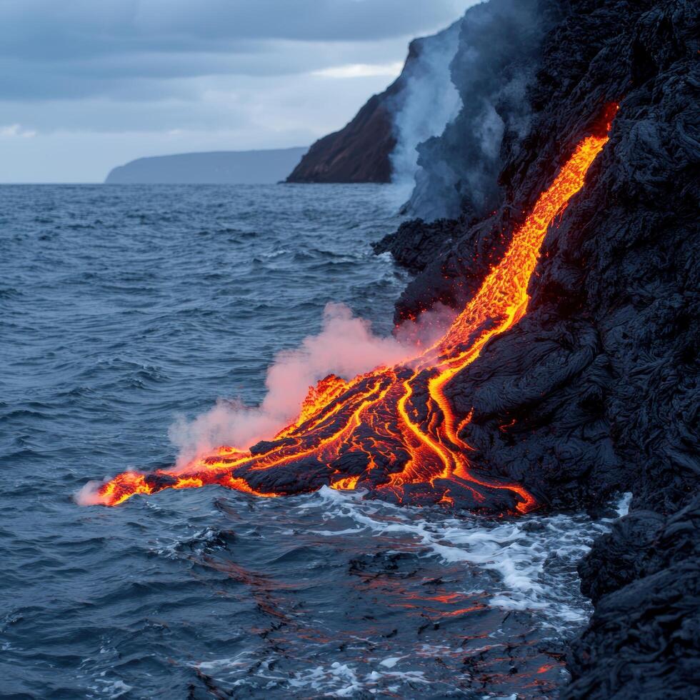 Dramatic volcanic eruption lava flow into ocean photo