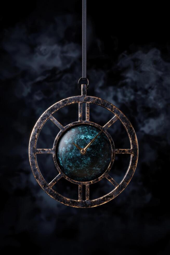 Antique clock with celestial face in dark atmosphere photo