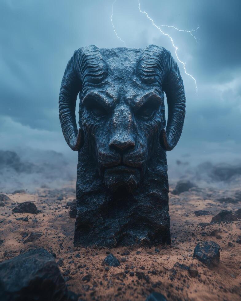 Ominous demonic statue in stormy landscape photo