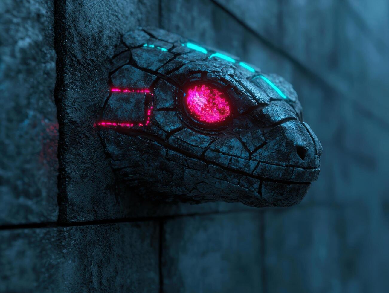 Glowing red and blue eyes of a mysterious creature photo
