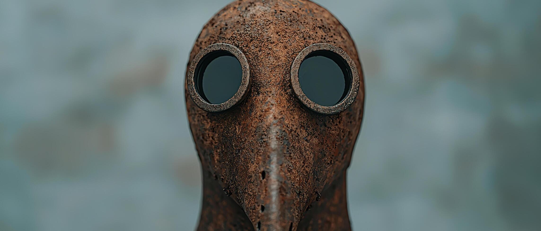 Close up of a rusty metal mask with dark eye sockets photo