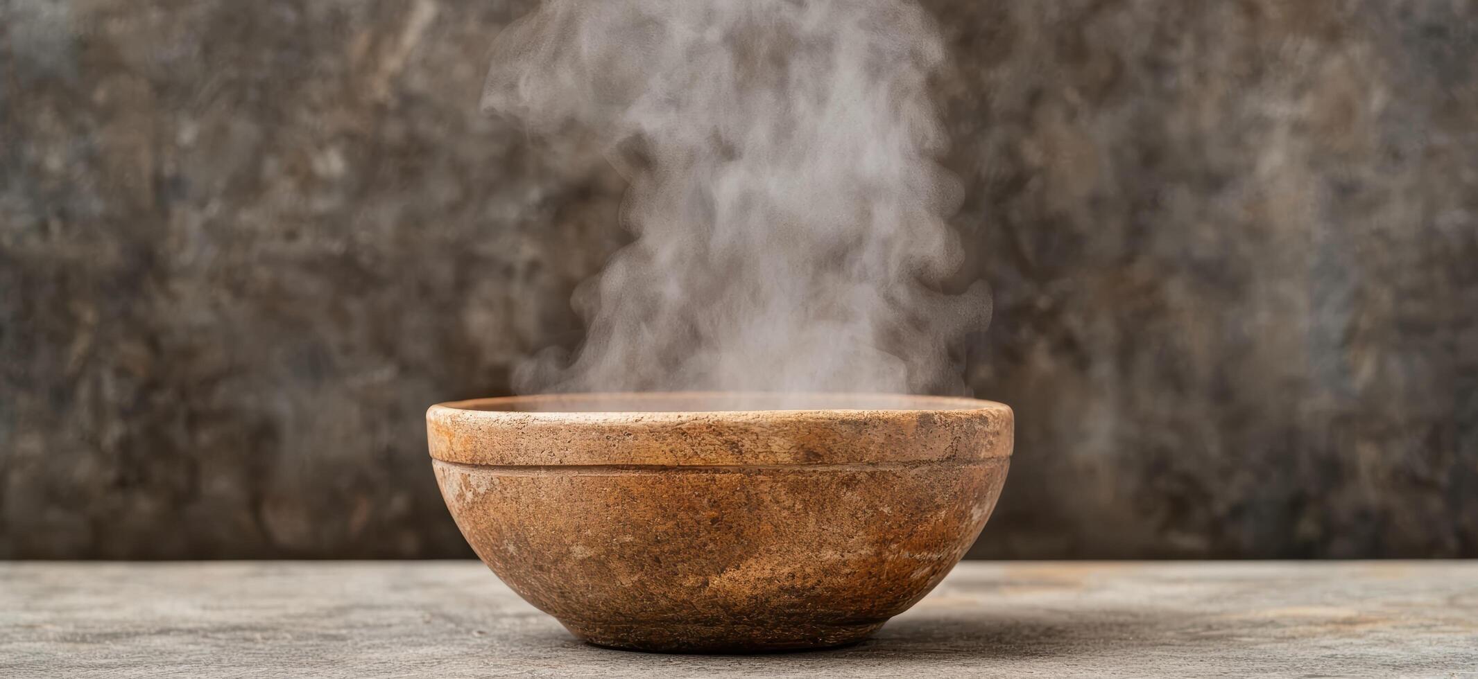 Steaming bowl of soup or stew on wooden table photo