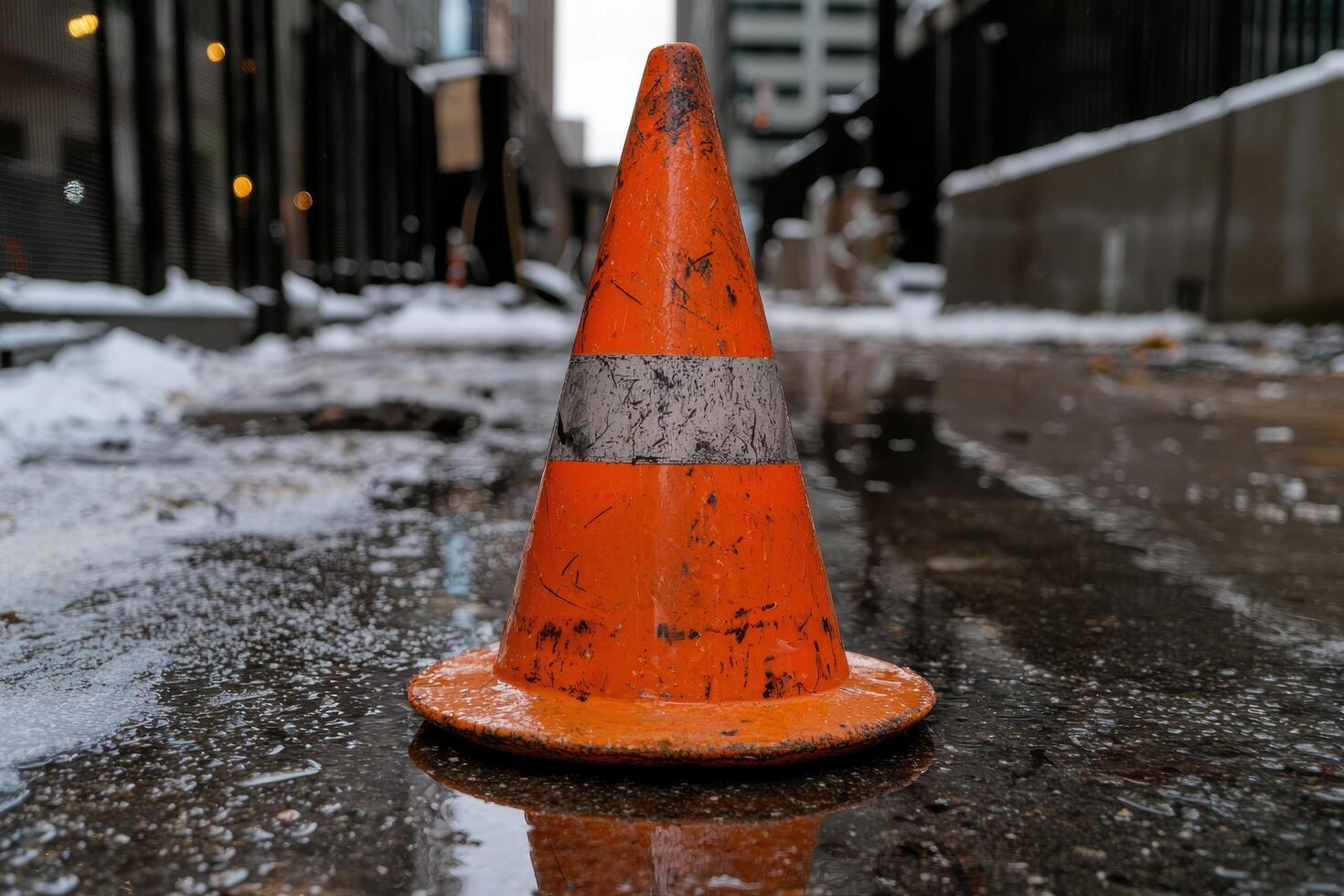 Bright orange traffic cone in snowy urban setting photo
