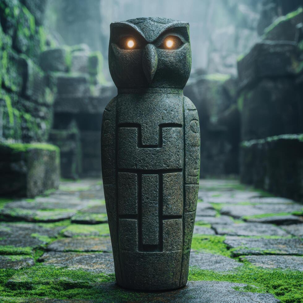 Mysterious stone owl statue in enchanted forest photo