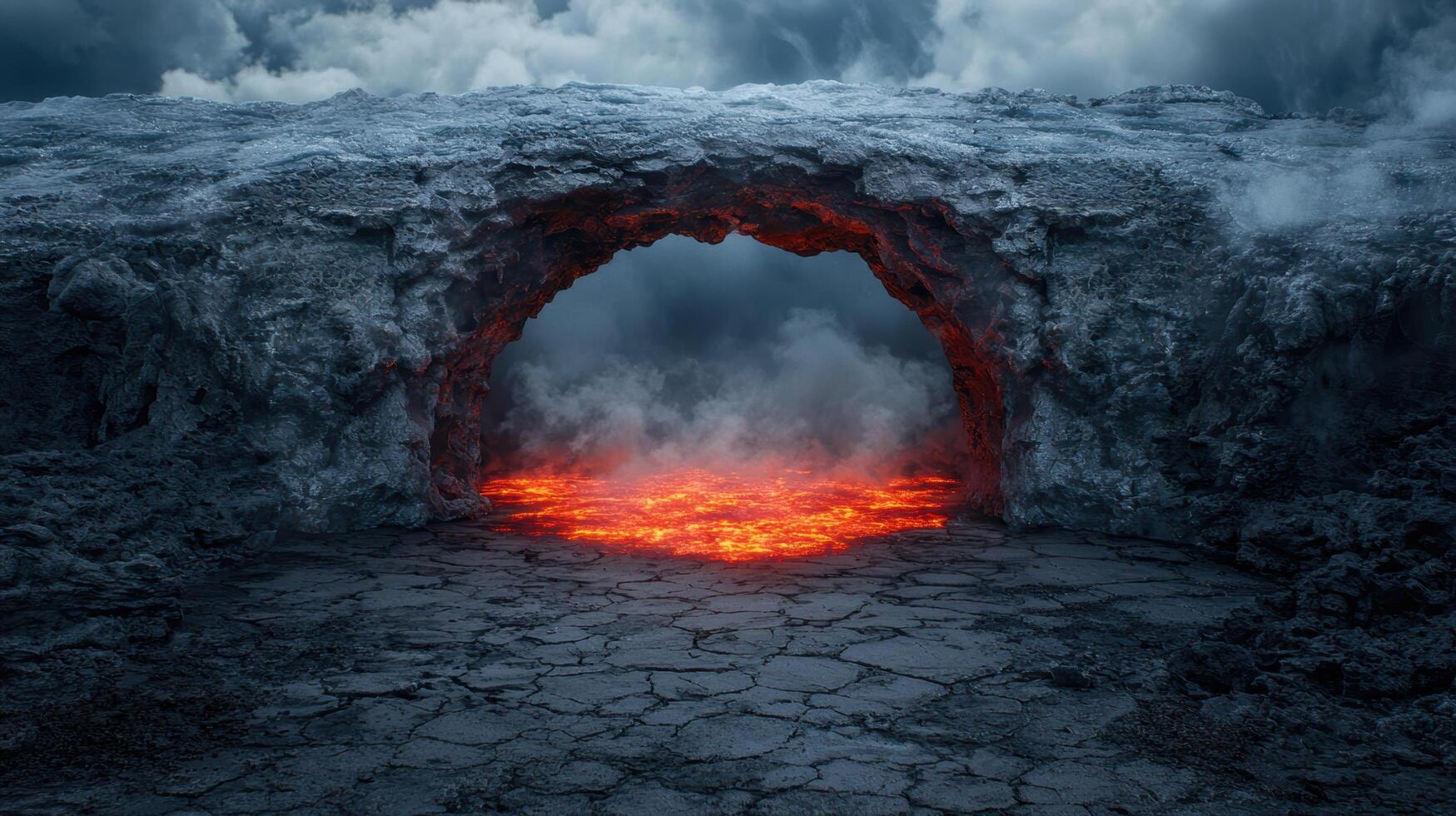 Fiery volcanic arch in icy landscape photo
