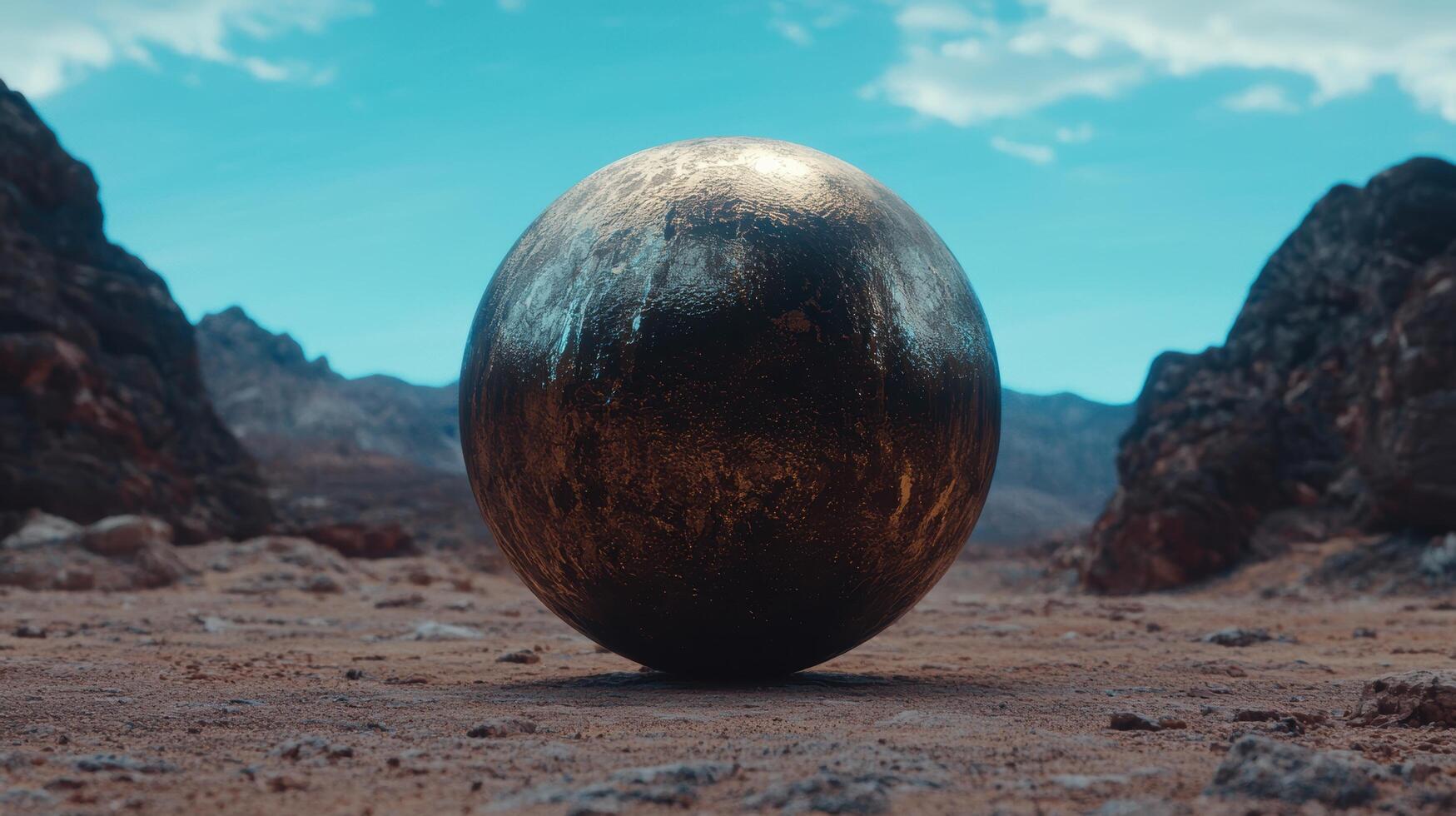 Surreal desert landscape with large metallic sphere photo