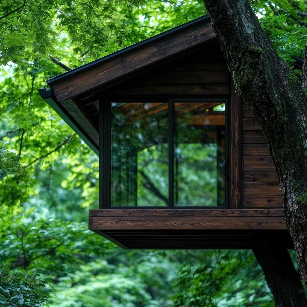 Cozy wooden cabin in lush green forest photo