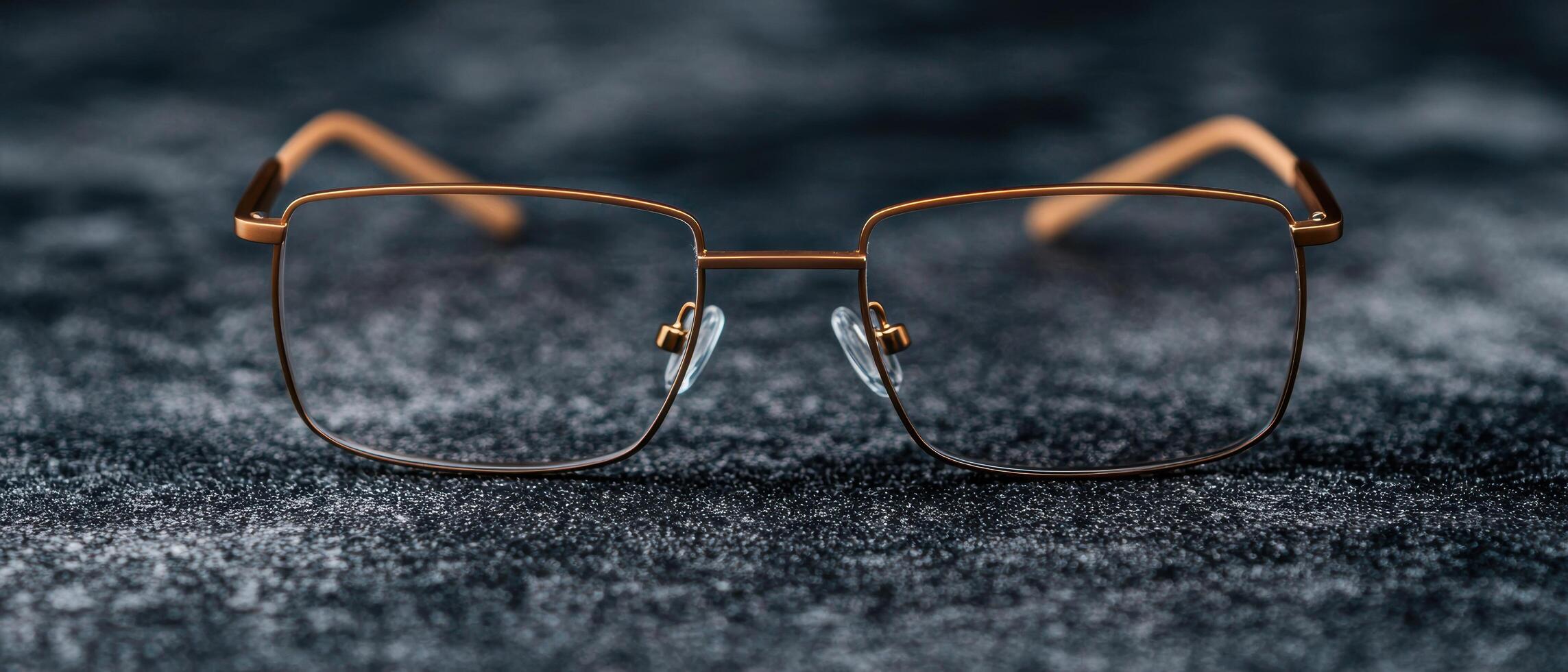 Stylish bronze framed eyeglasses on dark textured background photo