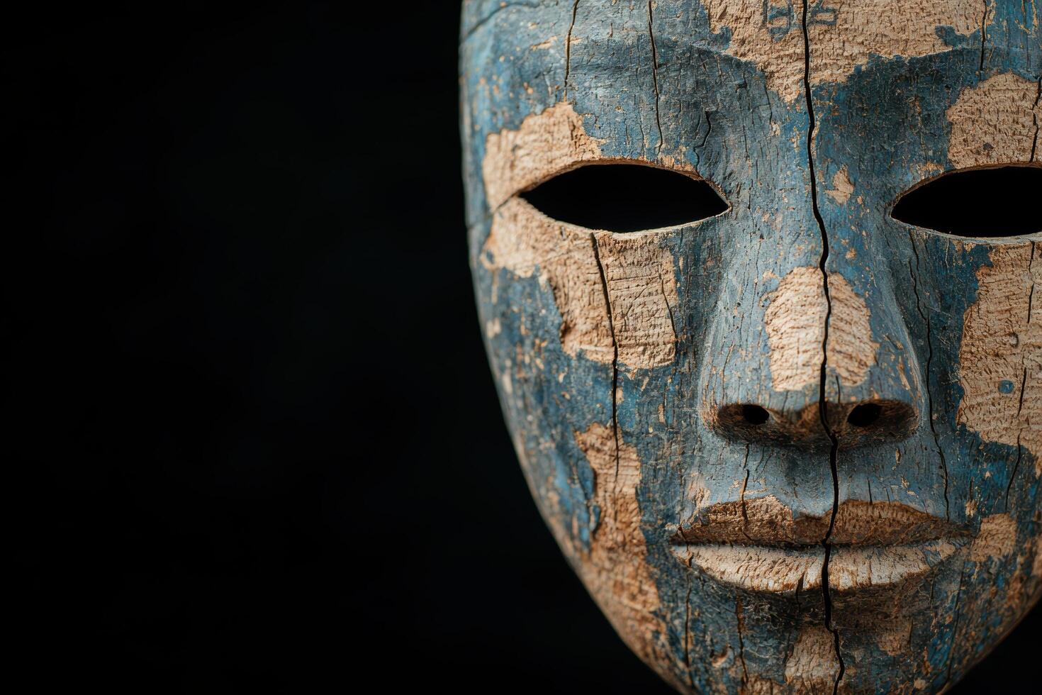 Weathered wooden mask with cracked blue and brown paint photo