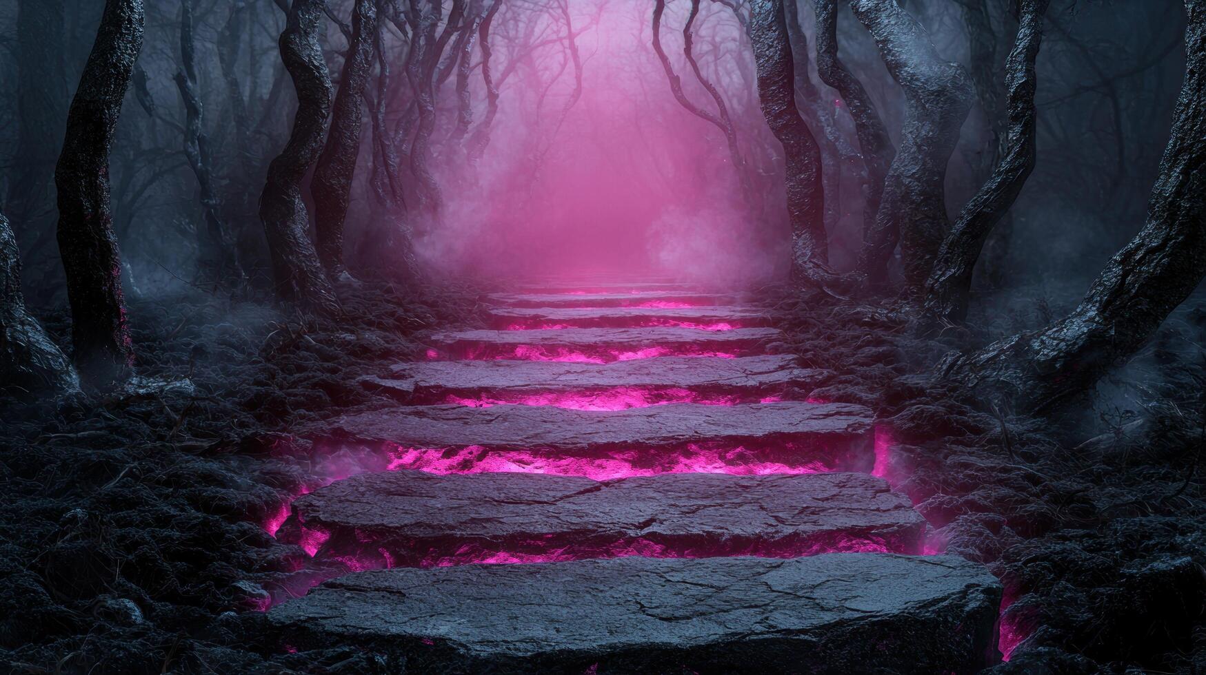 Enchanted forest path with glowing pink light photo
