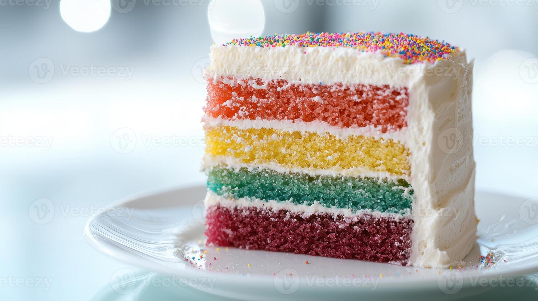 A slice of rainbow cake on a white plate photo