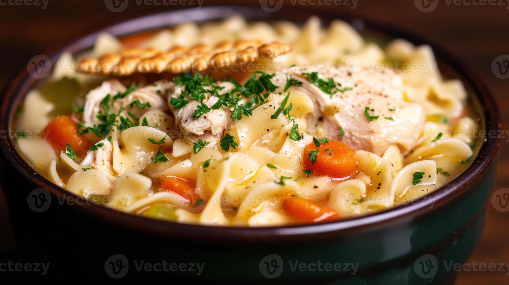 A bowl of chicken noodle soup with vegetables photo
