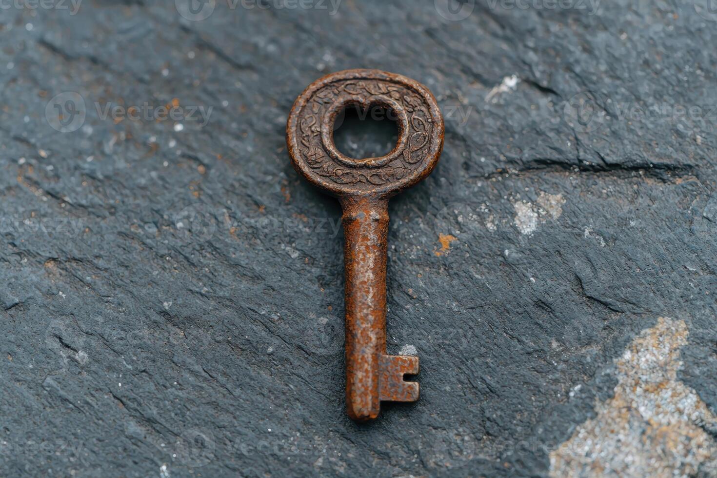 An old rusty key on a stone surface photo