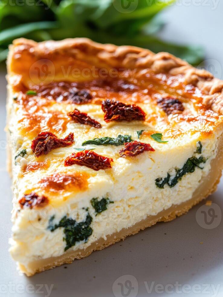A slice of cheese and spinach quiche photo