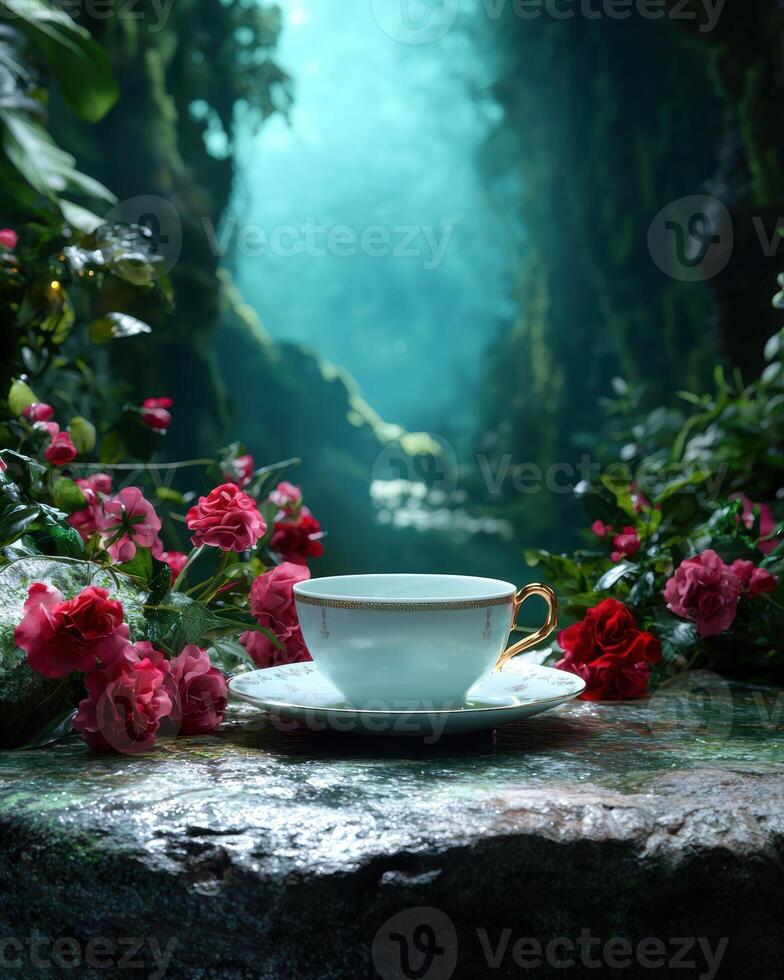 A cup and saucer on a stone ledge photo