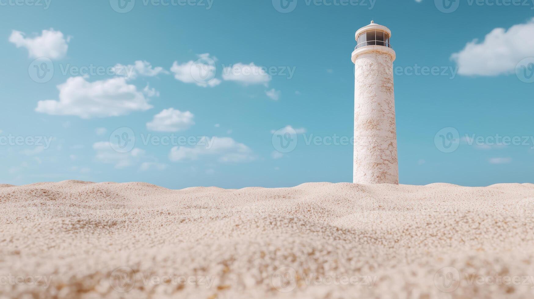 A lighthouse stands in the sand on a beach photo