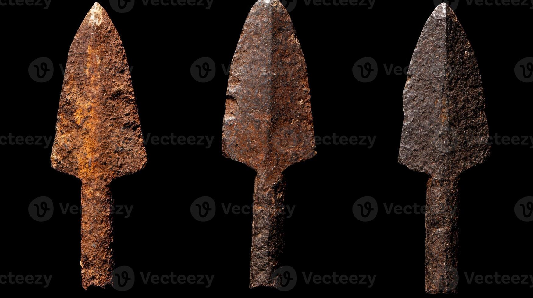 Three ancient stone tools are shown on a black background photo