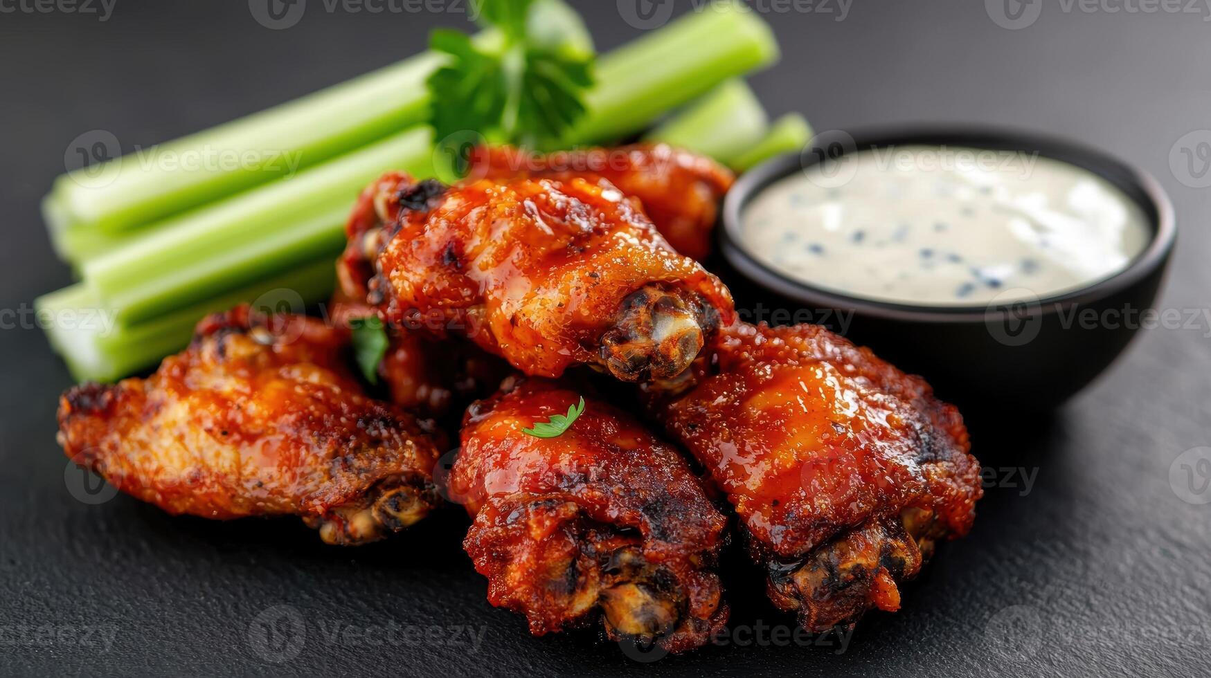 Chicken wings with ranch sauce and celery photo