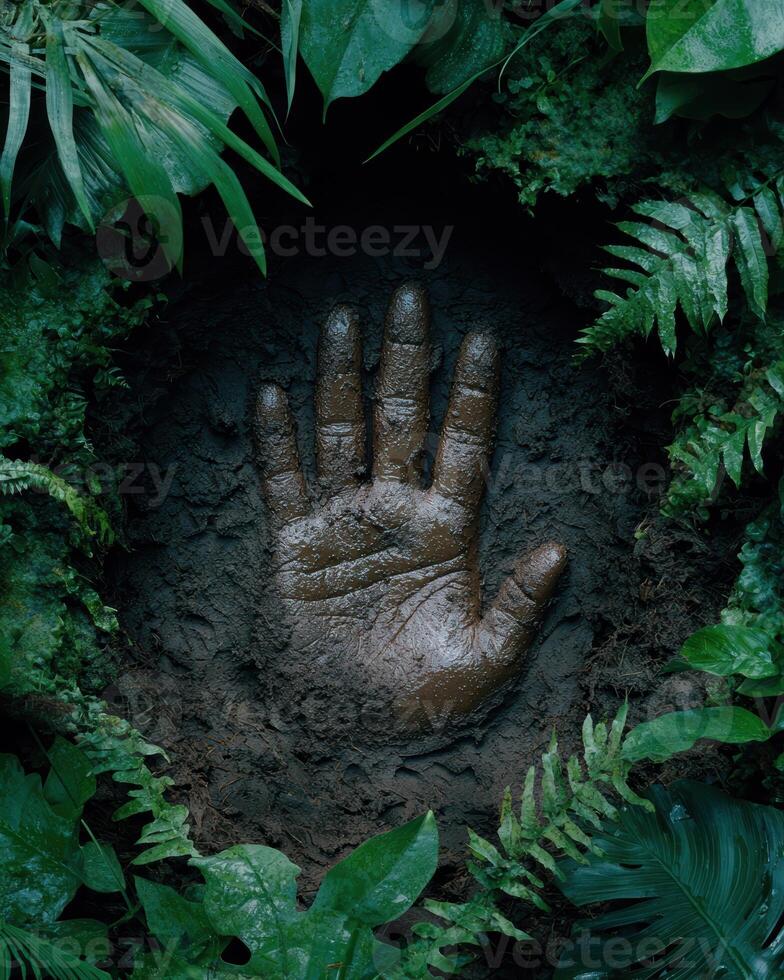 The hand of a human is in the middle of the jungle photo