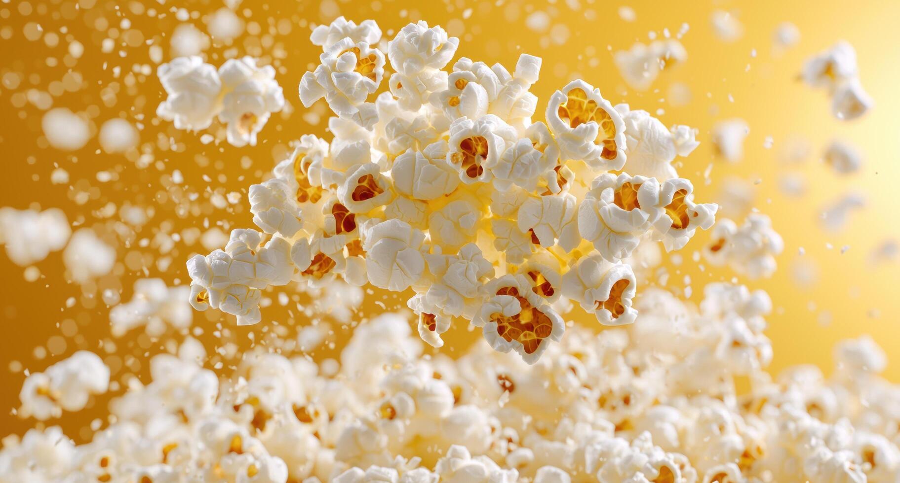 Delicious popcorn kernels popping on yellow background photo