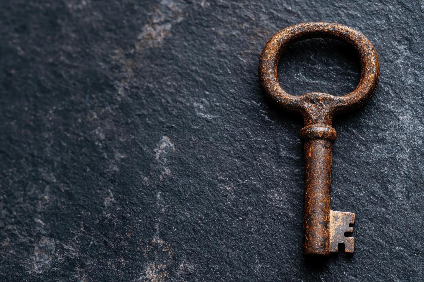 Rusty old key on a dark slate background photo