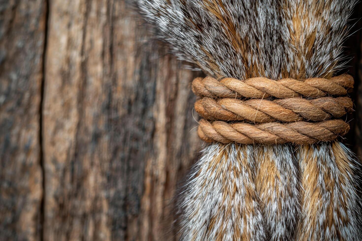 Close up of a furry animals tail tied with a rope photo