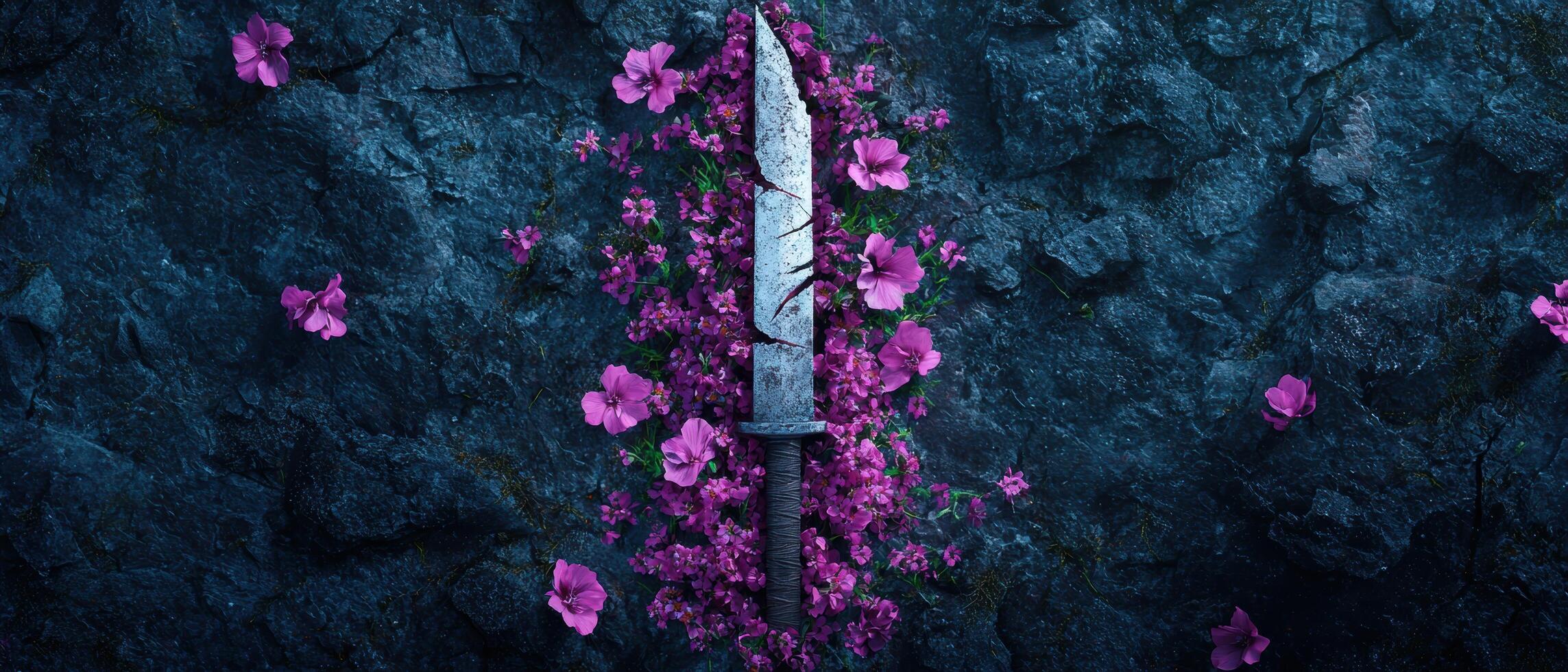 Dagger surrounded by purple flowers on dark rock photo