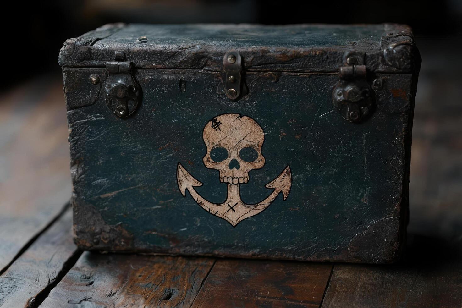 Vintage treasure chest with skull and anchor logo photo