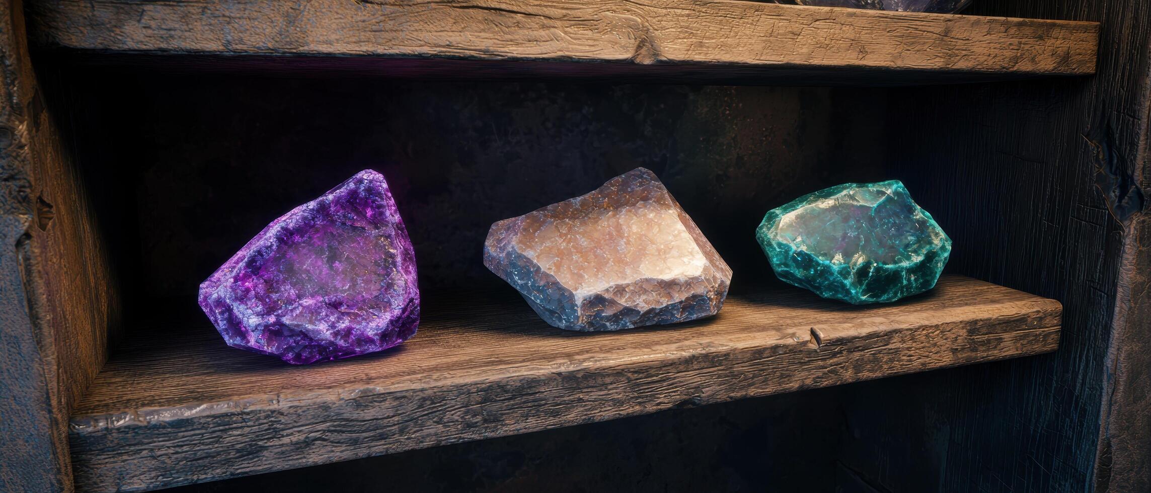 Colorful Gemstones on Rustic Wooden Shelf photo