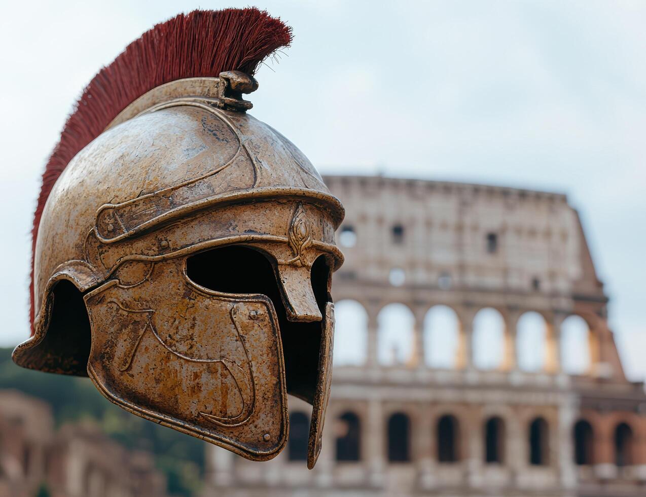 ancient roman helmet in front of a colosseum photo