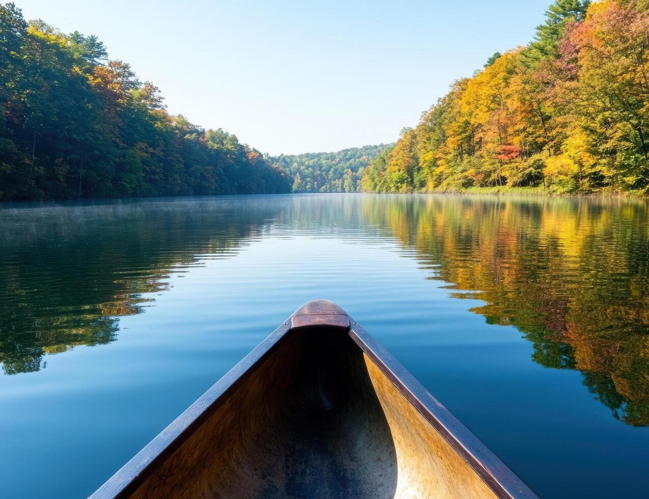 Serene autumn lake with wooden canoe photo
