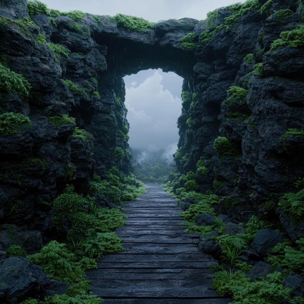 Mysterious Mossy Archway in Lush Forest Landscape photo