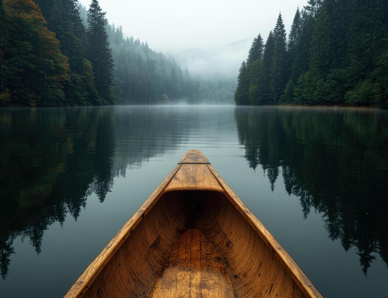 Serene wooden canoe on a misty lake surrounded by evergreen forest photo