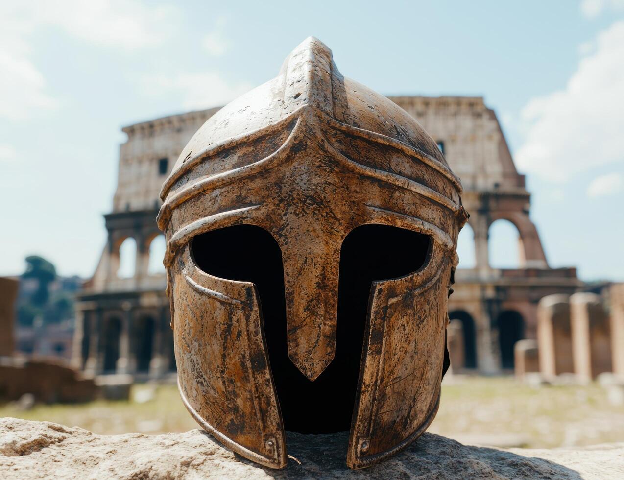 ancient roman helmet in front of colosseum photo