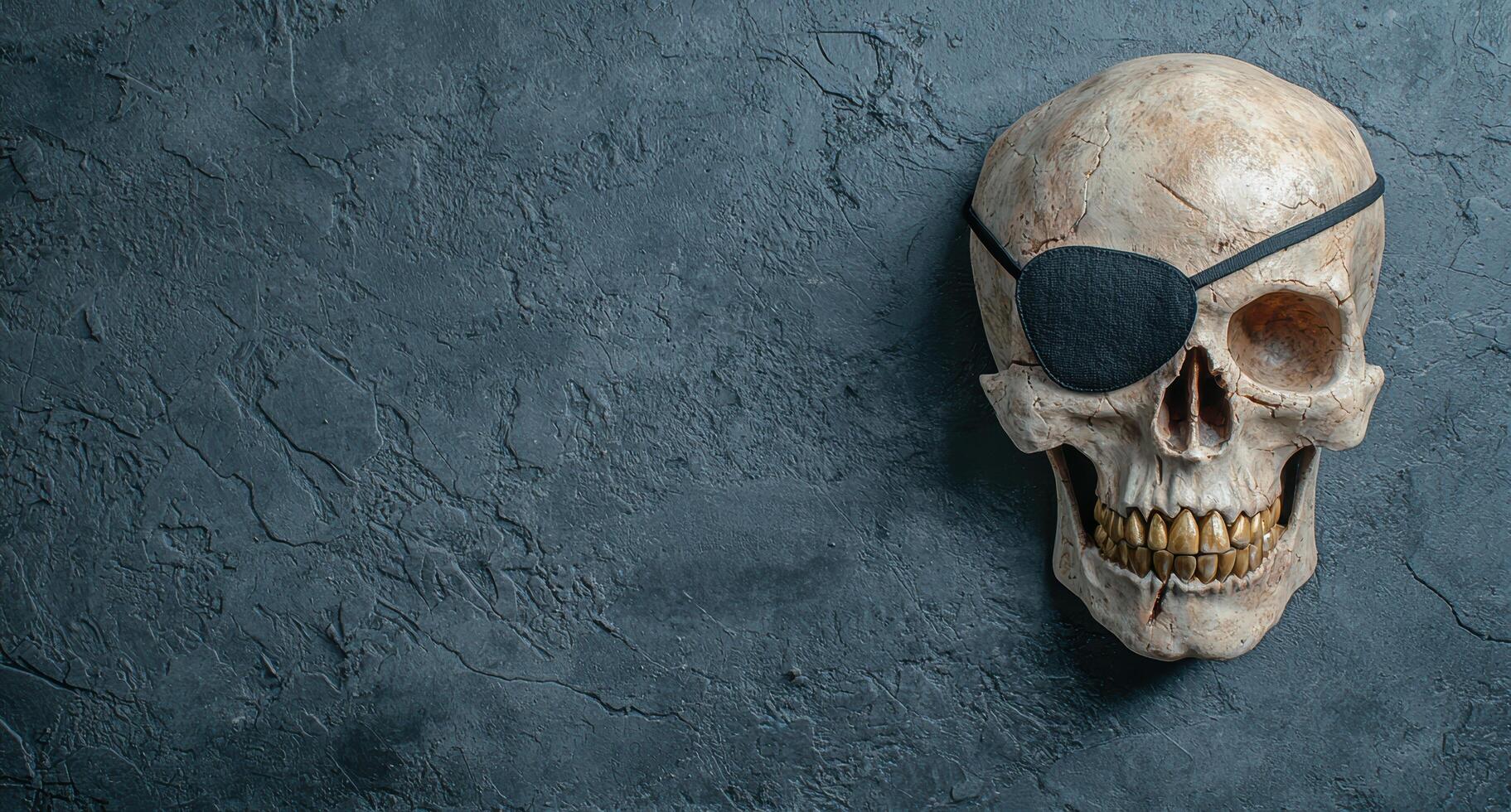 Skull with eye patch on dark background photo