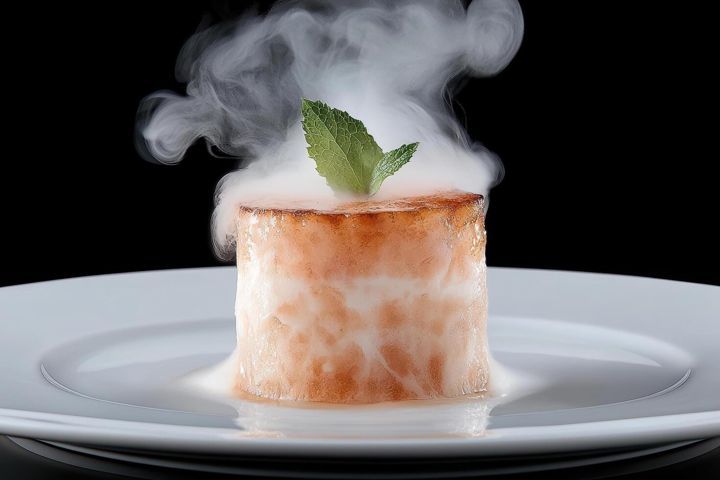 Steaming dessert with mint garnish on white plate photo
