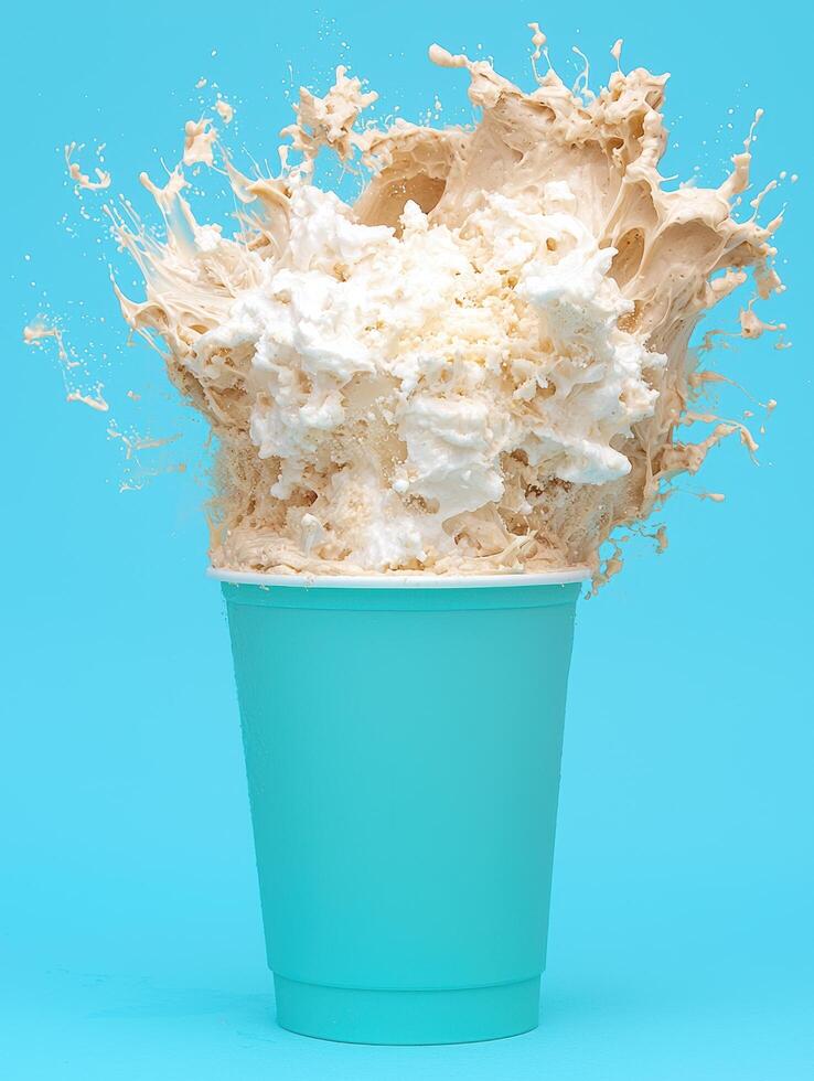 Creamy milkshake explosion in turquoise cup photo