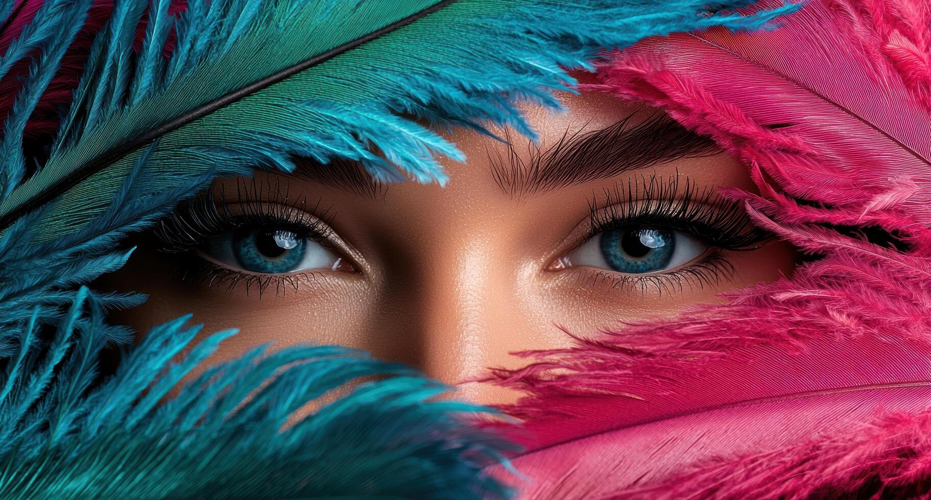 Vibrant feathers frame captivating eyes photo