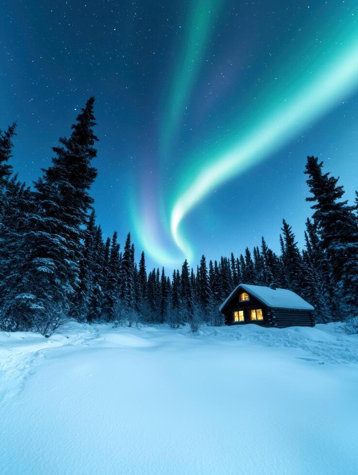 Cozy cabin under the northern lights photo