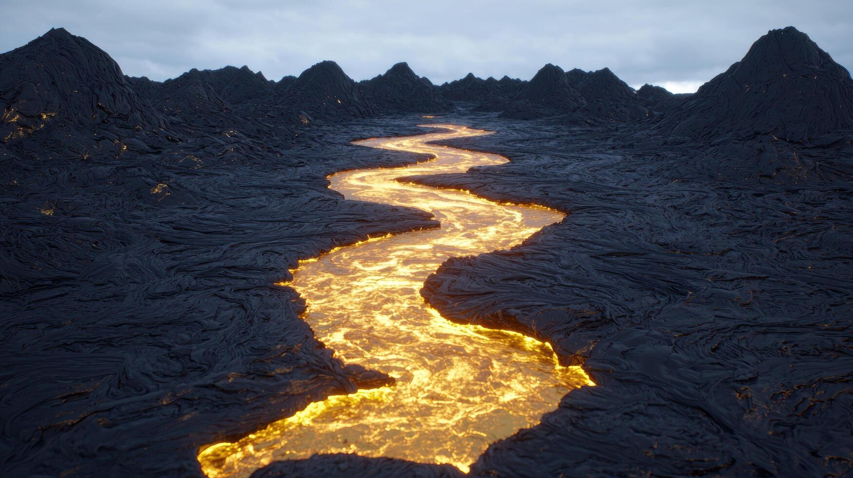 Glowing lava stream flowing through dark volcanic landscape photo
