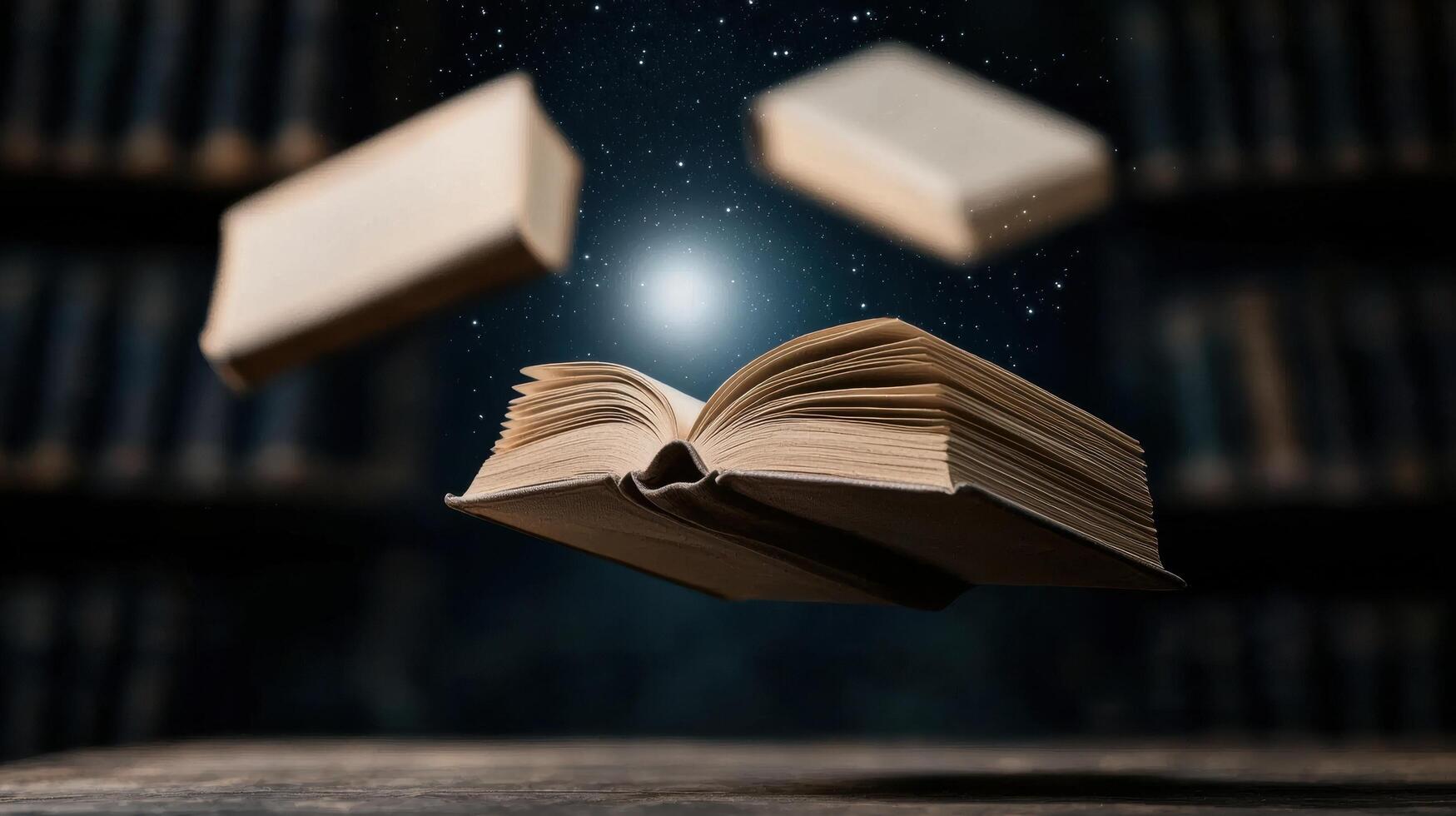 open book floating in space with stars photo