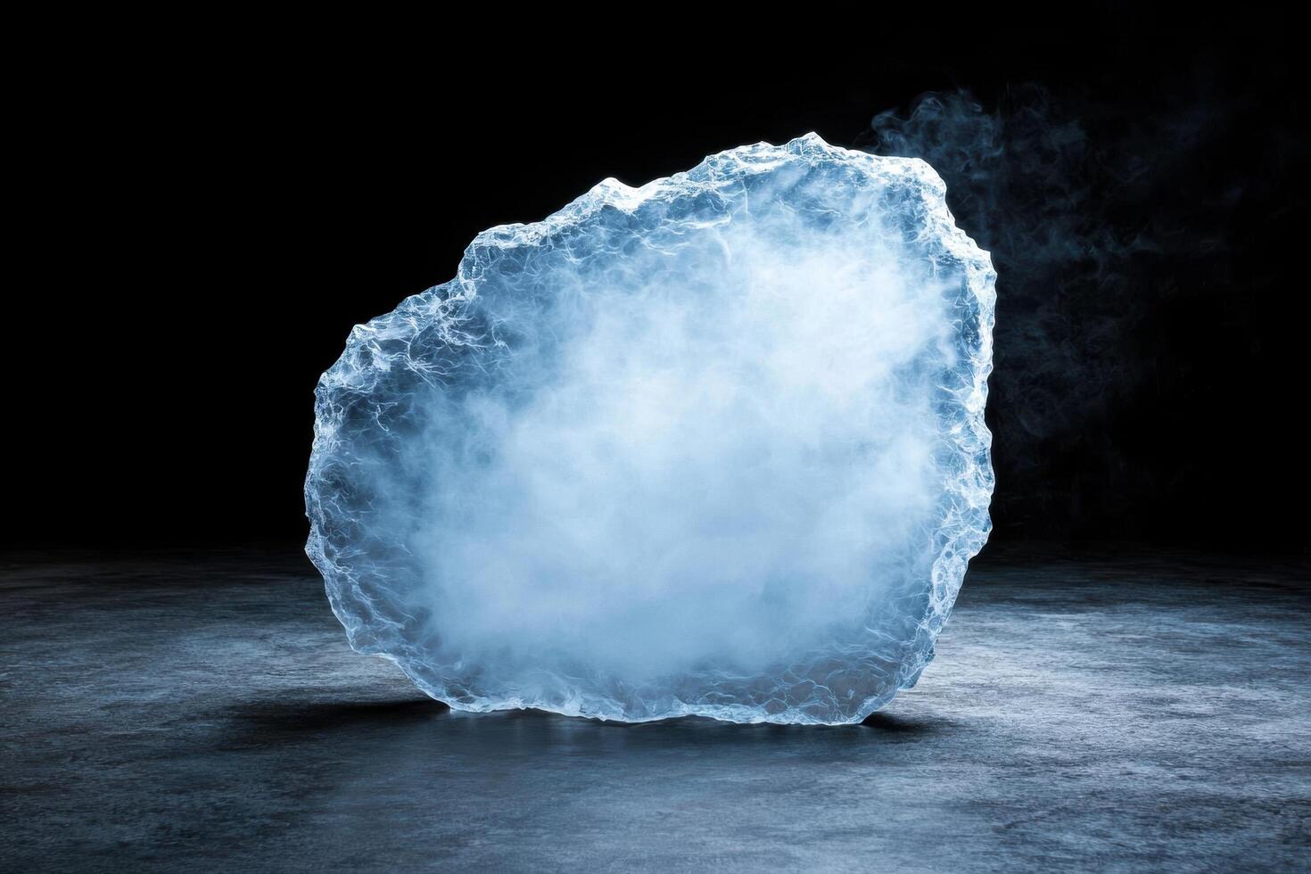 Ethereal ice block with billowing smoke photo