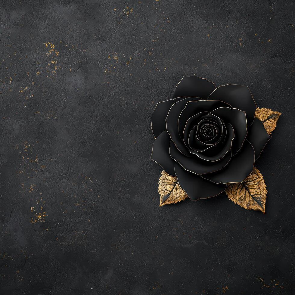 Elegant black rose with golden leaves on dark background photo