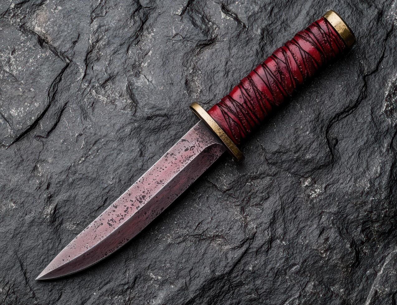 Decorative dagger with red leather handle on slate background photo