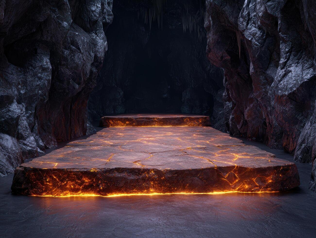 Glowing Lava Rock Platform in Dark Cave photo