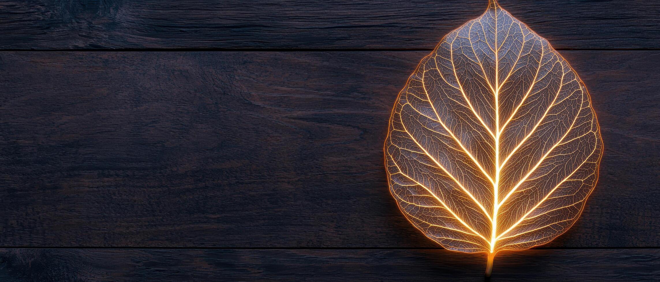 Glowing autumn leaf on dark wooden background photo