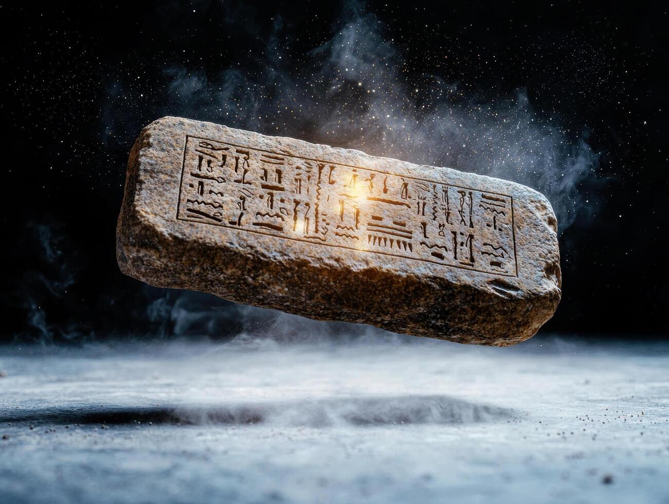 ancient stone tablet with hieroglyphic writing floating in space photo