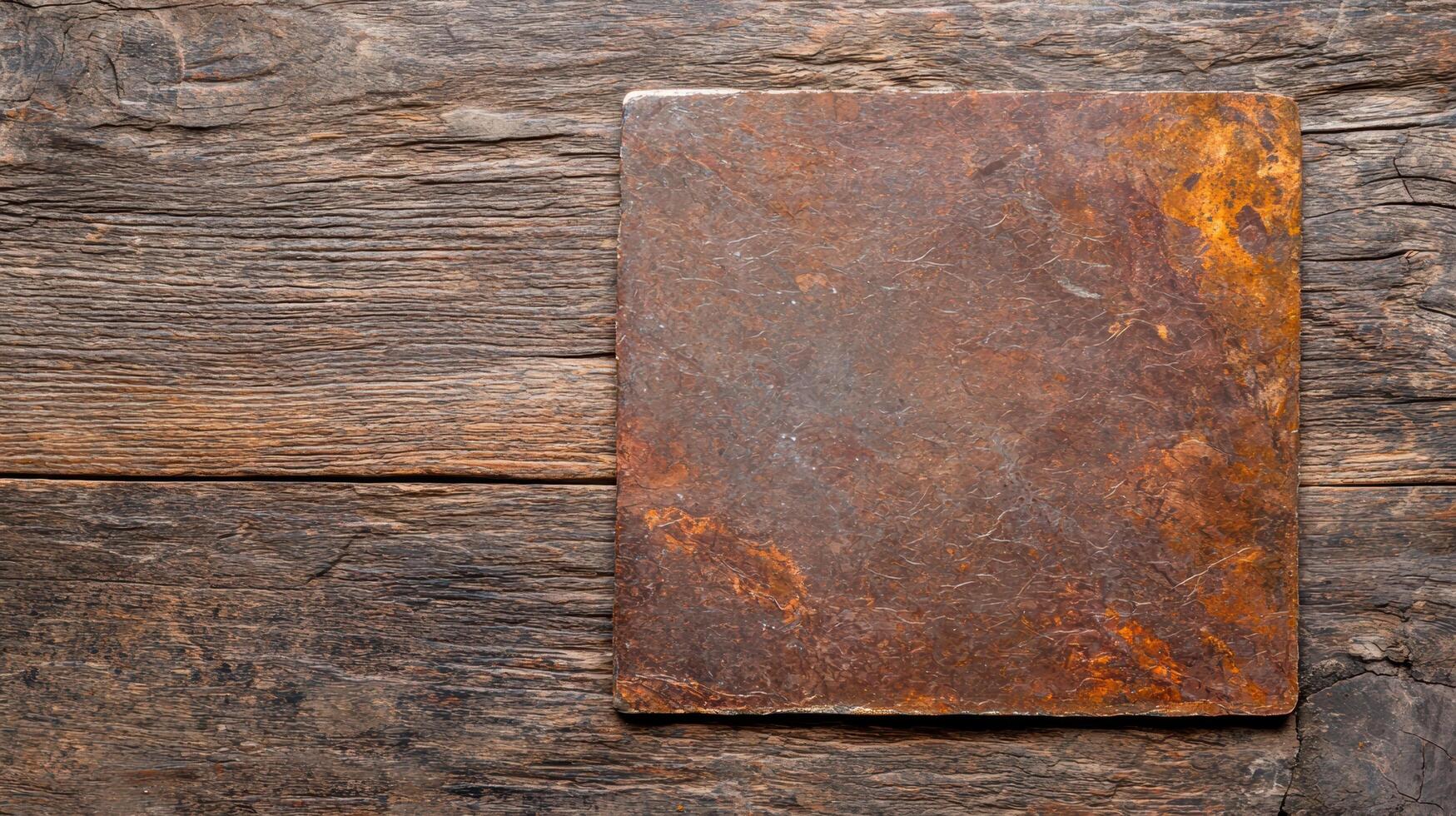 rustic wooden background with aged metal plate photo