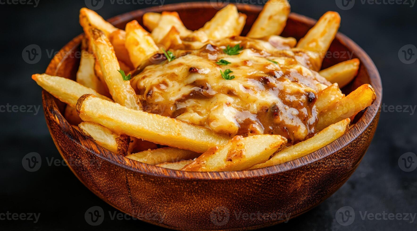 cheesy french fries in wooden bowl photo